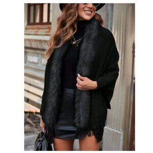 Black Fuzzy Fringe Cardigan Shein Batwing Sleeve Patchwork Sweater One Size